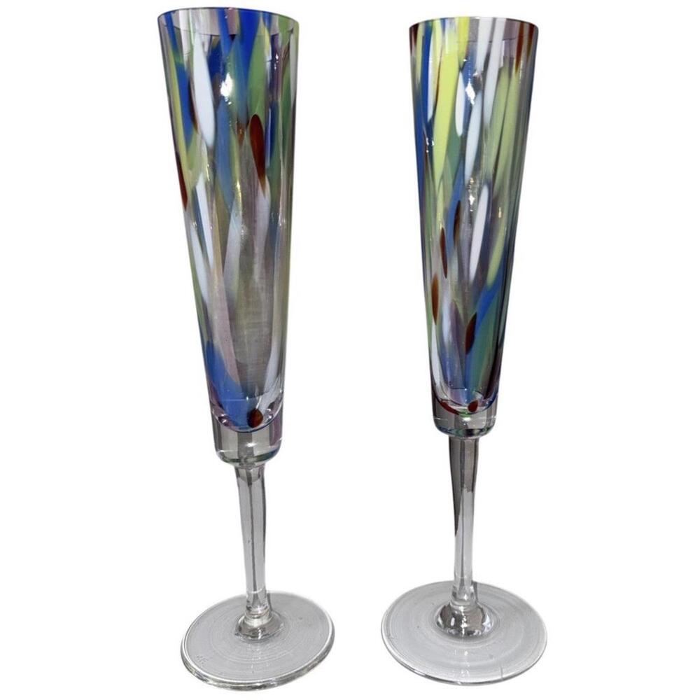 Hand Blown Confetti Glass Champagne Flutes • Artisan Studio Pair • Signed - Picture 2 of 7